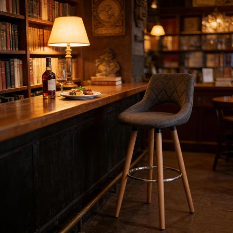 Taburete de bar con respaldo, asiento ergonómico, almohadillas antideslizantes, lino y madera, gris oscuro (1/4)