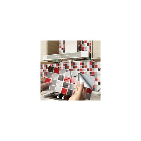 Piastrelle rettangolari decorative adesive per bagno e cucina, motivo mosaico effetto marmo, decorazione adesiva impermeabile (mosaico rosso, 24 pezzi)