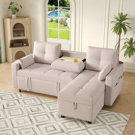 Canapé d'angle L modulable extensible en tissu résistant avec rangement et porte-gobelet, fonctionnel et tendance pour salon (1/3)