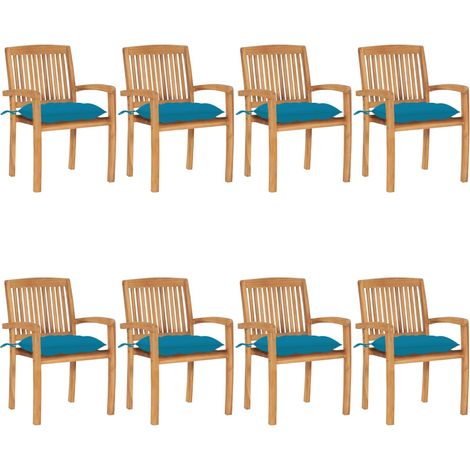 Chaises de jardin empilables avec coussins lot de 8 Teck solide (1/5)