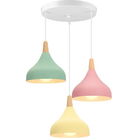 Lámpara colgante retro E27, moderna, estilo lágrima, de metal y madera, Ø 20 cm (verde + rosa + amarillo). (1/5)