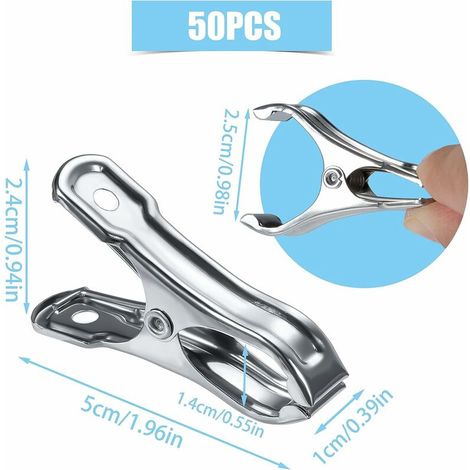 50pcs 1x5.5cm Clips de Serre en Acier Inoxydable, Coupe-Vent Ensemble de Pinces de Serre en Métal Pinces à Linge Clips de Vêtements pour la Maison Jardin Serrage de Sacs à Collation Vêtements MNS (1/4)