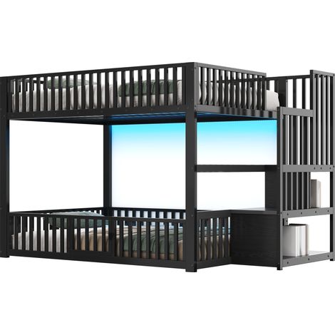 Lit superposé 140x200 avec escalier de rangement, LED, noir (1/5)
