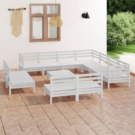 Salon de jardin 12 pcs Ensemble Table et Chaise de Jardin - Bois de pin massif Blanc BV142052 - BonneVie (1/5)