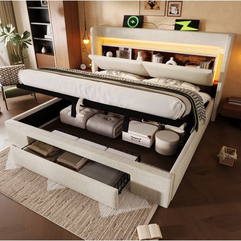 Cama tapizada 160/200 cm beige de lino con LED, USB y USB-C y almacenaje hidráulico (1/5)