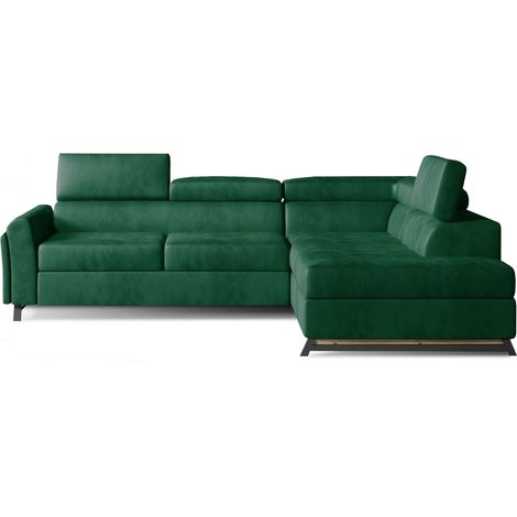 Canapé angle droit convertible velours vert avec têtières réglables Nikos 265cm (1/5)