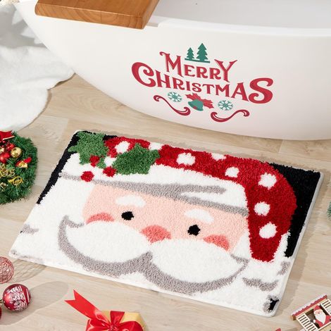 CCYKXA Weihnachtsmann-Badematte, rot-weiß, winterliche Badematte, niedlich, rutschfest, saugfähig, fürs Badezimmer, 80 x 50 cm (1/5)