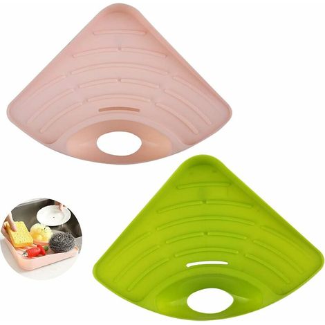 Étagère d'évier triangulaire d'angle pour cuisine, panier suspendu, égouttoir à vaisselle antidérapant, porte-éponge pour cuisine et salle de bain (vert + rose) (1/5)