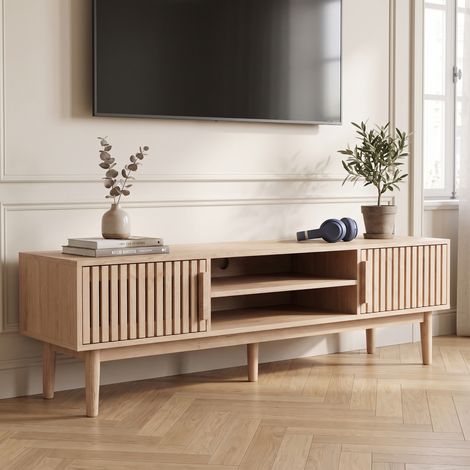 Meuble TV, 150x40x48 cm, avec rangements et passe-câbles, en bois, style scandinave, bois naturel (1/5)