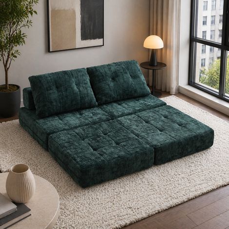 Sofá cama plegable 79 x 180 x 18 cm, chenilla verde oscuro, con cojín DESVIAE (1/5)