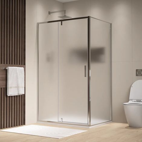 Cabine de douche chromée 90x90 cm avec porte battante à charnières de 90 cm et paroi fixe de 90 cm en verre opaque anti calcaire de 6 mm d épaisseur (1/4)