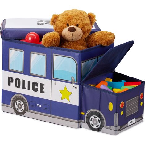 Relaxdays Sitzbox Kinder, Staubox mit Deckel, Spielzeug, faltbar, Polizei, Stauraum, Jungen & Mädchen, 50 l, dunkelblau