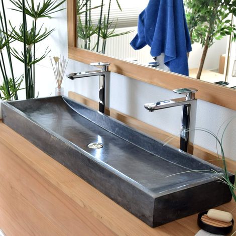 Vasque à poser en marbre noir – Forme épurée – Dimensions L 120 x l 35 x h 10 cm – Installation sur meuble suspendu recommandé – Ocean Line (1/5)
