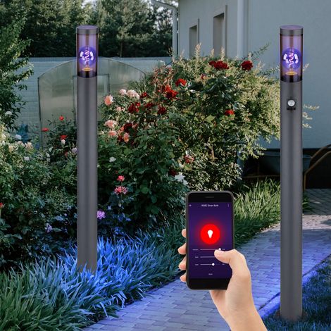 Stehleuchte mit Bewegungsmelder Außenleuchte Standlampe Edelstahl anthrazit, rauch, App Steuerung, 1x Smart RGB LED 10W 806Lm, DxH 12,7x110cm, 2er Set