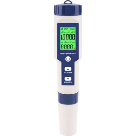 5-in-1 Digitaler Salzgehaltmesser für Schwimmbäder und Meerwasser, IP67 wasserdicht – Misst Salzgehalt, pH-Wert, Chlor, Temperatur, TDS, LCD-Display, einfache Kalibrierung, tragbar (1/4)
