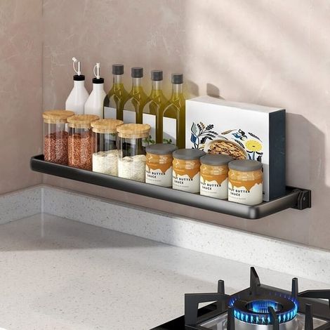 Étagère de cuisine, rangement pour épices, pliable, 50×12.7×3 cm - Rangement de cuisine sans perçage, pour épices, multifonctionnel- Noir