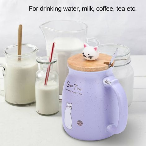 Niedlicher Keramikbecher mit Katzenmotiv, inklusive Löffel und Deckel. Geeignet für Kaffee, Wasser, Milch und als Geschenk. Lila, 1 Stück. (1/5)