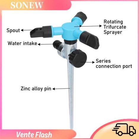 Arroseur Rotatif - 360 Degres - 3 Bras - Piquet Sol Zinc Alliage - Pour Jardin Pelouse Plantes Vertes - 1 Unite (1/4)