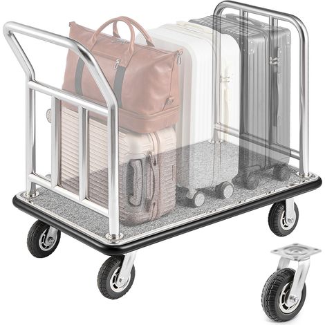 VEVOR Carro de Equipaje para Hotel, Carga de 340 kg, Carrito de Equipaje con Marco Frontal Extraíble, Plataforma Alfombrada Gris y Ruedas de Goma, para Hoteles y Complejos Turísticos, Plateado (1/5)
