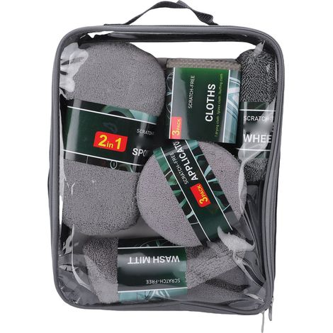 Kit de nettoyage auto multifonctionnel comprenant un gant de lavage, un applicateur de cire et une brosse pour pneus (9 pièces) avec sac en tissu Oxford. (1/5)