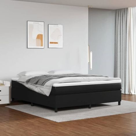 Sommier à ressorts de lit - AKOZON - Noir 160x200 cm - Similicuir - Tapissier - Pieds de lit inclus (1/4)