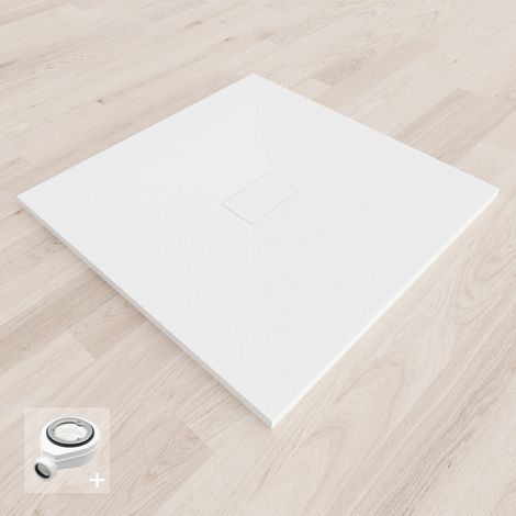 Saniverre – Receveur de douche extra-plat blanc 100 x 100 cm – Aspect pierre – Bonde d'évacuation incluse – Surface antidérapante Class C