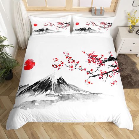 Fleurs de Cerisier Housse de Couette Ensemble Femmes Chic Literie Cherry Japonais Ensemble Adolescent Chambre décor Exotique Mont Fuji Parure de Lit 140x200cm Nature Paysage Art Fleur literie Doux (1/5)