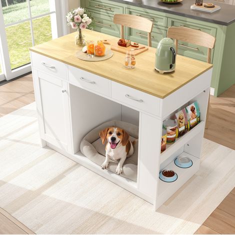Kücheninsel, Schrank mit 3 Schubladen, 1 Gewürzablage, verstellbare Regalplatte, Doppelablage (ohne Hundefutterteller), geräumiger Haustieraufbewahrungsbereich (ohne Hundekissen), 1206090 cm, weiß (1/5)