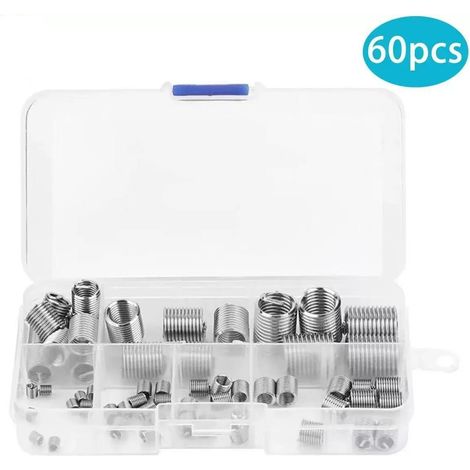 60-teiliges Set aus Edelstahl-Gewindeeinsätzen M3 bis M12, spiralförmige Gewindeeinsätze zur Gewindereparatur, komplettes Kit mit enthaltenen Gewindebohrern (1/4)
