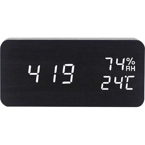 Sveglia digitale in legno, luminosità regolabile, controllo vocale, orologio a LED, display rettangolare, ora e temperatura, arredamento per la casa, nero (1/5)