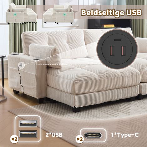 Canapé 2 places velours côtelé beige, séparable en deux fauteuils, 2 coussins inclus, 4 porte-verres, 4 poches latérales, ports USB sur accoudoirs, idéal salon, chambre, bureau (1/5)