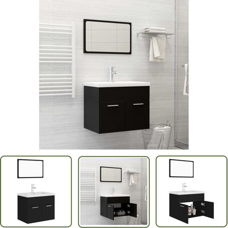The Living Store Ensemble de meubles de salle de bain Noir Aggloméré - Meuble De Salle De Bain - Ensemble Salle De Bain - Armoire Salle De Bain - Lavabo Suspendu - Miroir Salle De Bain (1/5)