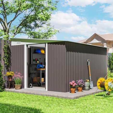 Caseta de jardín metálica 8,9 m² con techo inclinado y puerta corredera gris HAVRYA (1/3)