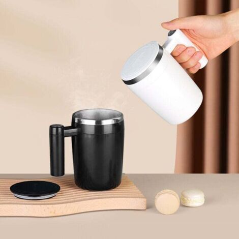 HZ-588 Tasse à mélanger automatique magnétique rechargeable en acier inoxydable avec couvercle, tasse à café à agitation magnétique rechargeable portable, adaptée à la maison, au bureau, à l'éco (1/4)