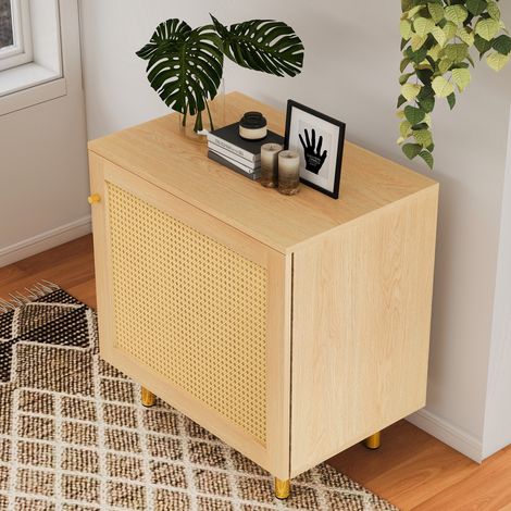 Buffet en rotin tressé, table de chevet, armoire de rangement à une porte, meuble buffet rustique pour salle à manger. Aspect bois naturel, H63 x L60 x P40 cm (1/5)