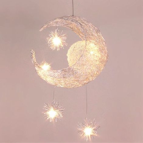 Lustre Suspension Lune étoiles LED Plafonnier Luminaire Aluminium avec 5 Ampoules pour Enfants Chambre, Lumière blanche chaude, 35cm (1/5)