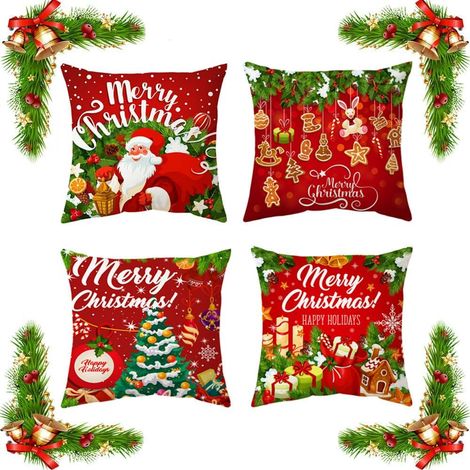 (4 Stück) Weihnachtskissenbezüge 45x45 cm, dekorative Kissenbezüge – Weihnachtskissenbezüge mit Weihnachtsmann- und Hausmotiven (1/5)