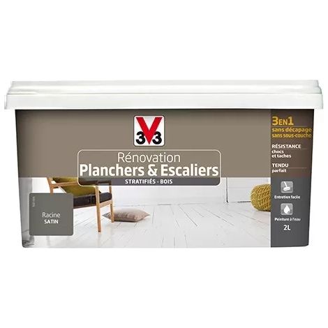 V33 – Peinture rénovation pour planchers et escaliers stratifiés – Aspect satin – 2 L – Application directe sur bois brut (1/3)