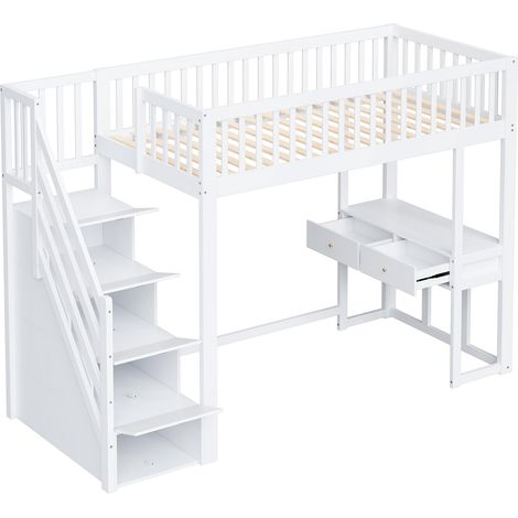 Lit mezzanine 90x200 avec table multifonctionnelle, escalier de rangement sécurisé, cadre de lit en pin massif pour enfants et adolescents, blanc, garantie 2 ans (1/5)