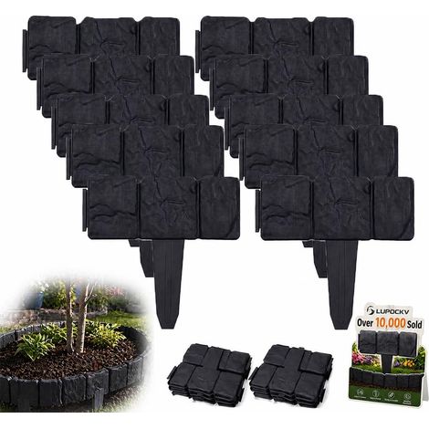 Ortviai Lot de 20 Bordures de Jardin Effet Pierre - Clôture de Jardin Plastique 25x23cm, Bordure Pelouse Imperméable Interlocking, Décoration de Paysage pour Parterre de Fleurs, Allée et Gazon, grey
