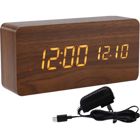 Horloge numérique en bois brun avec LED blanche- réveil numérique de bureau en bois- réveil numérique LED- luminosité réglable- horloge numérique de chevet. (1/5)