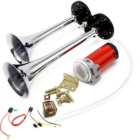 de voiture Corne 150db Air Horn Pavillon double tube Chrome Zinc double Trompette Air Horn avec compresseur pour n'importe quel 12 V Véhicules camions camions bateaux voitures Vans trains (1/5)