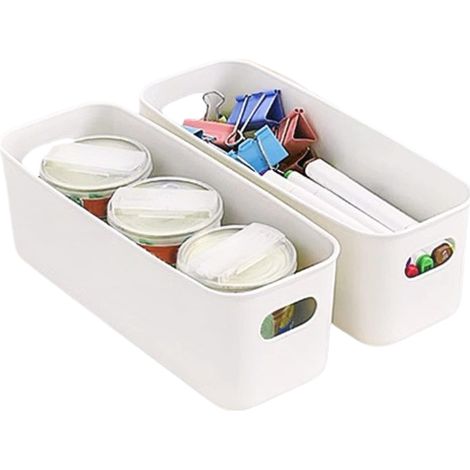 Lot de 2 boîtes de rangement en plastique avec poignées, organisateur pour cuisine, salle de bain, bureau, 26,5 ×8,8 ×9,2 cm-Blanc (1/5)