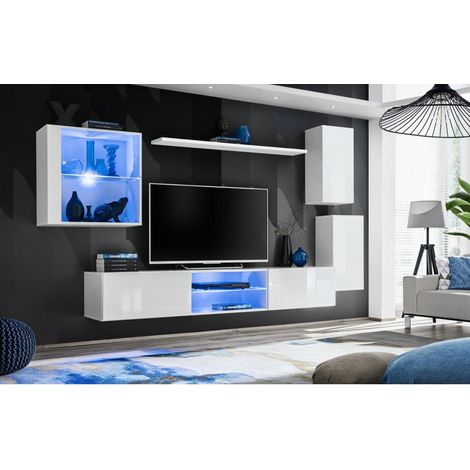 Ensemble meuble TV mural Switch XXIII - L 250 x P 40 x H 140 cm - Blanc - Livraison gratuite