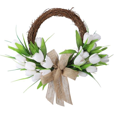 Corona de tulipanes artificiales hecha a mano: elegante decoración floral para puertas, paredes o eventos – 40 cm de diámetro, hecha de ratán y seda, 150 g (1/5)