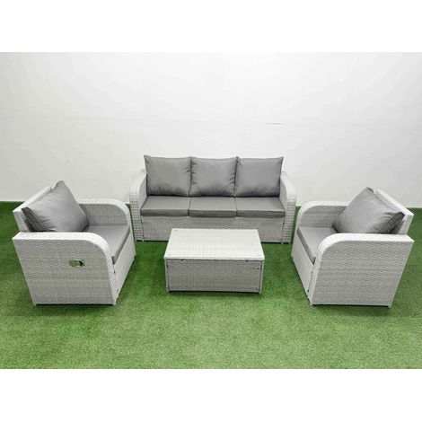 Fimous PE Rattan Garden Furniture Set Reclining Chair Sofa Lounge Sofa Set Oblong Coffee Table Light Grey (1/4)