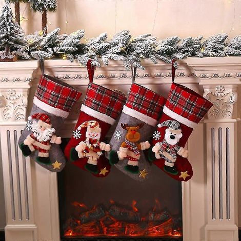 4 calcetines navideños, calcetín navideño grande, bolsa de regalo navideña, oso, alce, muñeco de nieve, adorno de Papá Noel, bolsa de dulces, decoración navideña (1/5)