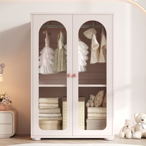Armoire à 2 portes, meuble de rangement pour chambre à coucher, armoire pour enfant, avec tringle à vêtements, portes transparentes en acrylique, poignées en céramique, rose pâle, 80 × 50 × 120 cm
