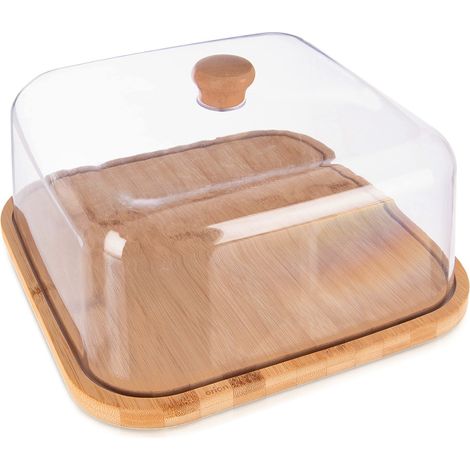 Planche à fromage - 30x30x17 cm - Finition étanche - Bambou - Plateau à fromage carré avec cloche plastique (1/5)