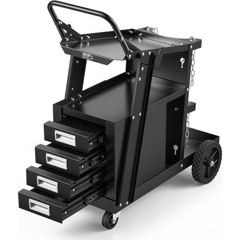 Chariot de Soudage à 2 Niveaux Chariot Poste à Souder 4 Tiroirs Charge 120 kg​​ Roues 360° Chaînes Sécurité Stockage Réservoirs Chariot de Soudure MIG à Roulettes pour Atelier Découpeur Plasma (1/4)
